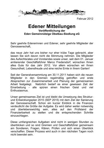 Edener Mitteilungen, Februar 2012 - Eden-Stiftung