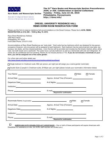 rbms dorm room reservation form - Rare Books and Manuscripts ...