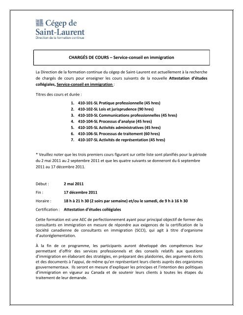 CHARGÃS DE COURS â Service-conseil en immigration