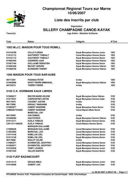 ffcanoe - Liste des inscrits par club - Comité régional de canoë ...