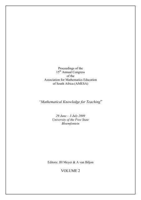 âMathematical Knowledge for Teachingâ VOLUME 2 - AMESA