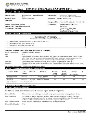 Proform Base Plate and Custom Tray - MSDS.pdf - Keystone Industries