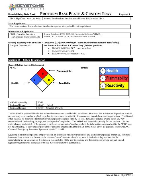 Proform Base Plate and Custom Tray - MSDS.pdf - Keystone Industries