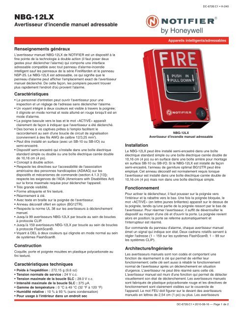 NBG-12LX Avertisseur d'incendie manuel adressable - Notifier