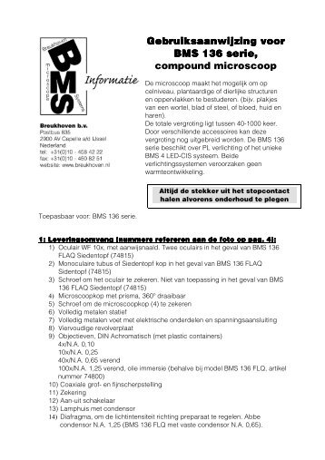 Gebruiksaanwijzing voor BMS 136 serie, compound microscoop