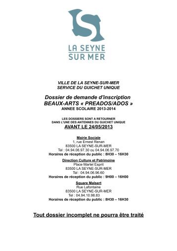 Dossier de demande d'inscription BEAUX-ARTS ... - La Seyne-sur-Mer