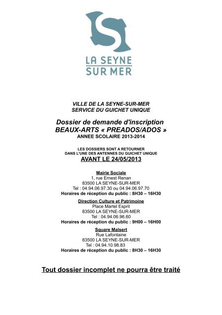 Dossier de demande d'inscription BEAUX-ARTS ... - La Seyne-sur-Mer
