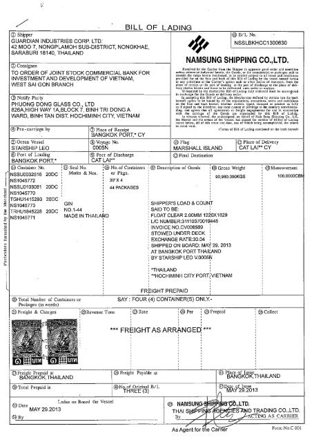 Page 1 BILL OFLADING Form NOC 001 / As Agent for the Carrler .N ...
