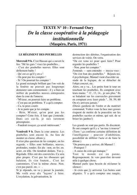 Fernand Oury De la classe coopÃ©rative Ã  la pÃ©dagogie institutionnelle