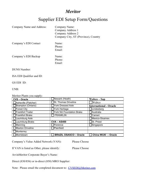 Meritor Supplier EDI Setup Form/Questions