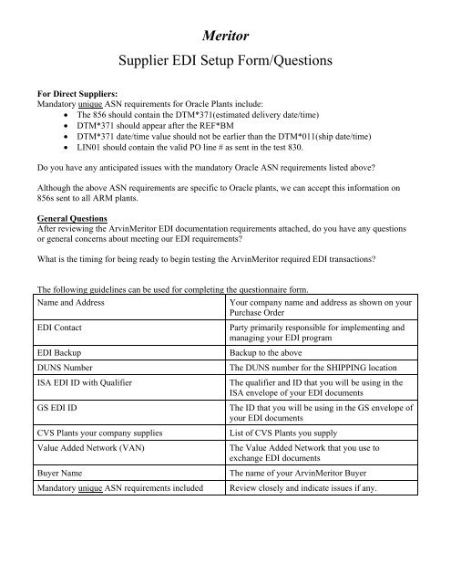 Meritor Supplier EDI Setup Form/Questions