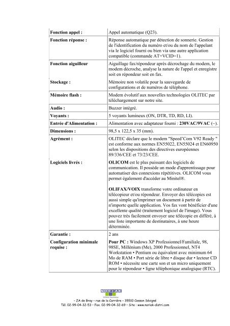 Modem externe OLITEC Speed 'COM SERIE V92 Ready L'accÃ¨s ...