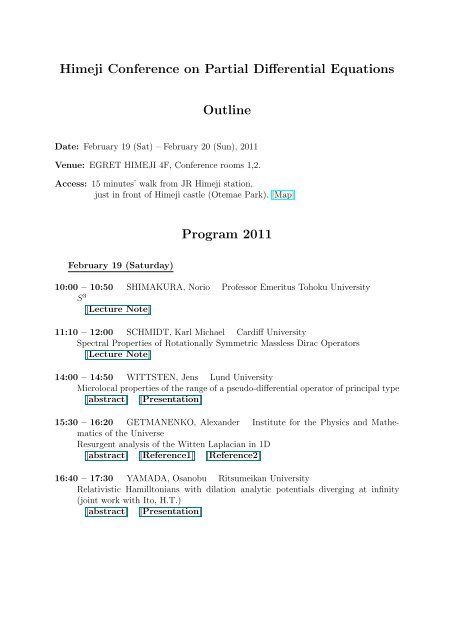 Himeji Conference on Partial Differential Equations Outline Program ...