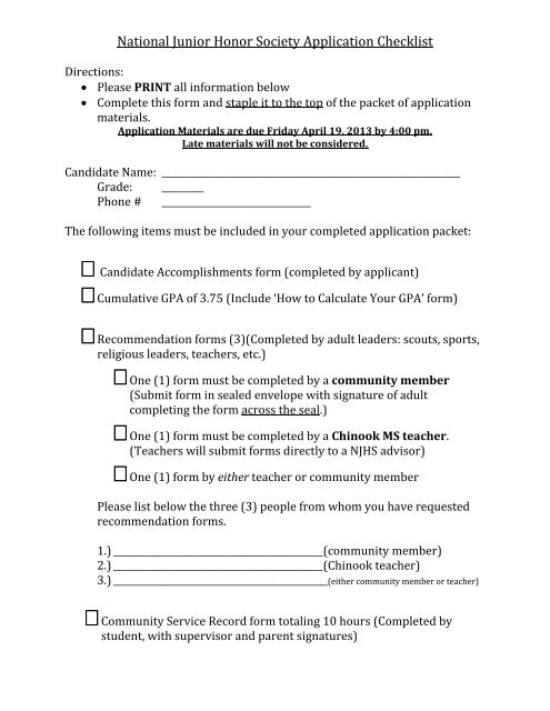 National Junior Honor Society Application Packet 2013-2014