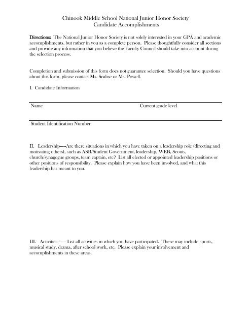 National Junior Honor Society Application Packet 2013-2014