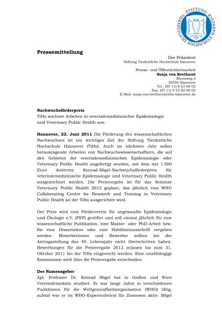 Pressemitteilung - Tierärztliche Hochschule Hannover