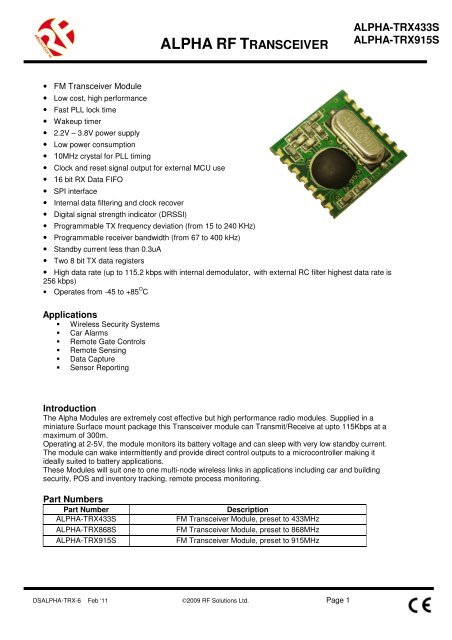 alpha trx datasheet - RF Solutions