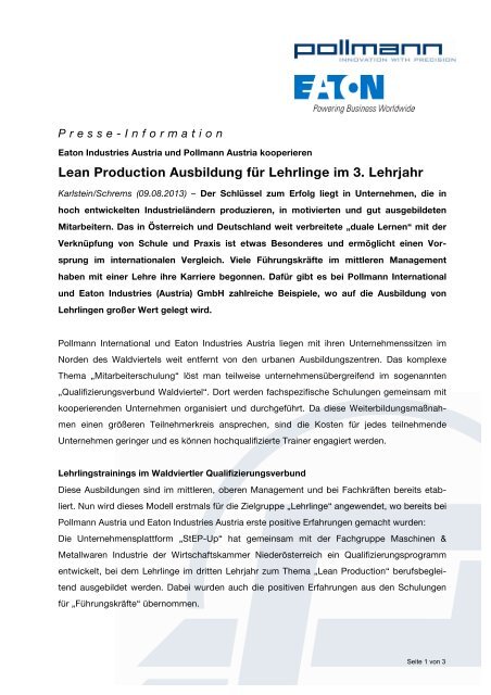 Lean Production Ausbildung für Lehrlinge im 3. Lehrjahr - Pollmann