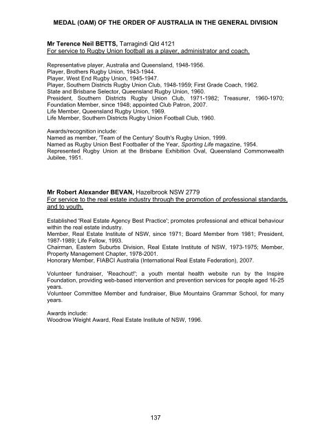 The Queen's Birthday 2009 Honours List - Governor-General of the ...