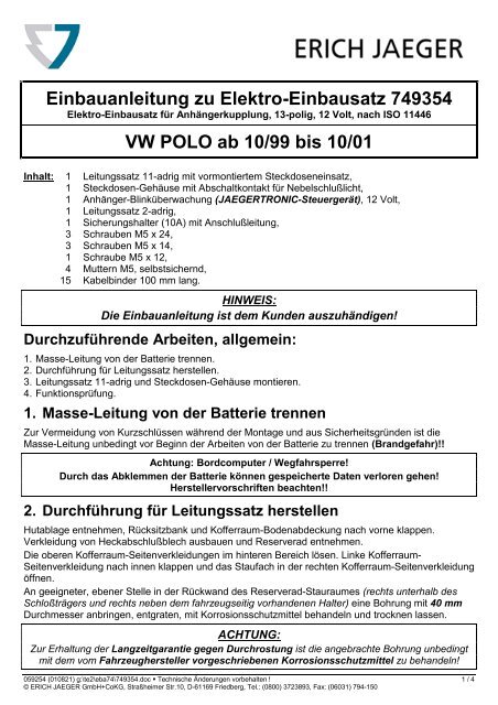 Einbauanleitung Erich Jaeger | Elektrosatz für VW ... - Bertelshofer