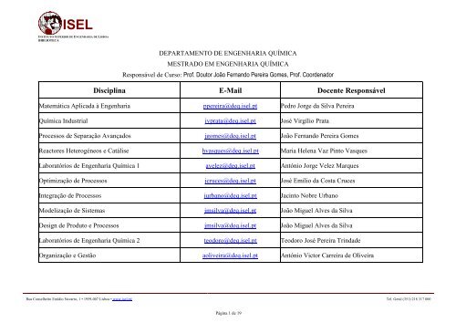 Bibliografia do Mestrado em Engenharia QuÃ­mica - ISEL