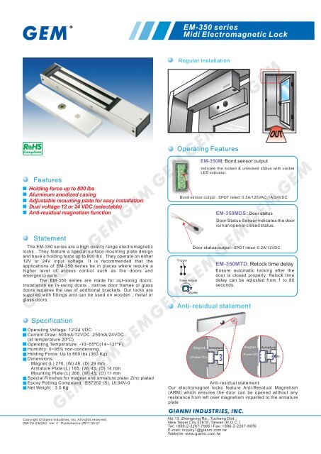 EM-350 series Midi Electromagnetic Lock - GEM,Gianni Industries, Inc.