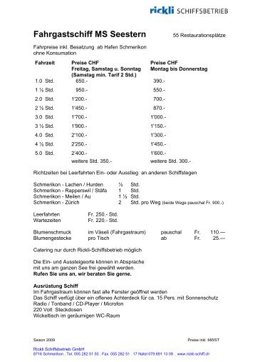 Fahrgastschiff MS Seestern - Rickli Schiffsbetrieb GmbH, Schmerikon