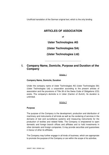 ARTICLES OF ASSOCIATION Uster Technologies AG (Uster ...