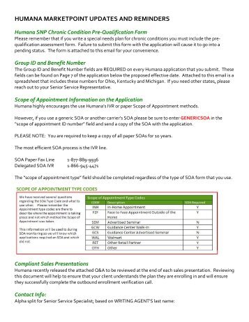 HUMANA MARKETPOINT UPDATES AND REMINDERS