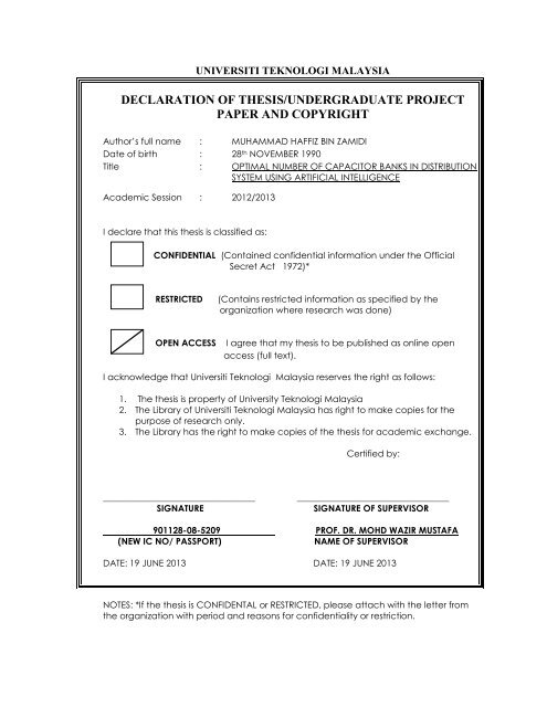 Declaration Of Thesis Undergraduate Project Paper And Copyright