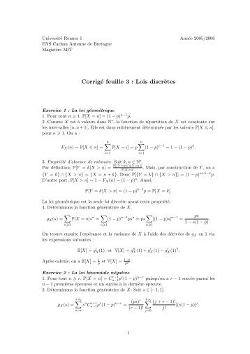 CorrigÃ© feuille 3 : Lois discr`etes - ENS de Cachan - Antenne de ...