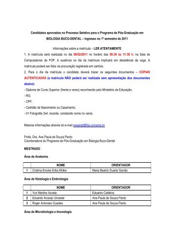 Biologia Buco-Dental - Ingresso 1Âº semestre/2011 - Unicamp