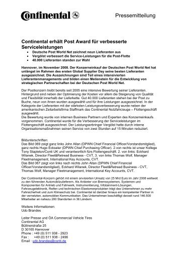 Continental erhält Post Award für verbesserte Serviceleistungen