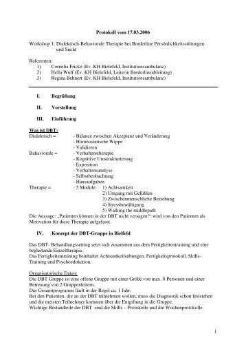 1 Protokoll vom 17.03.2006 Workshop 1: Dialektisch-Behaviorale ...