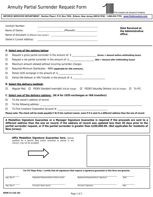 Annuity Partial Surrender Request Form - First Investors