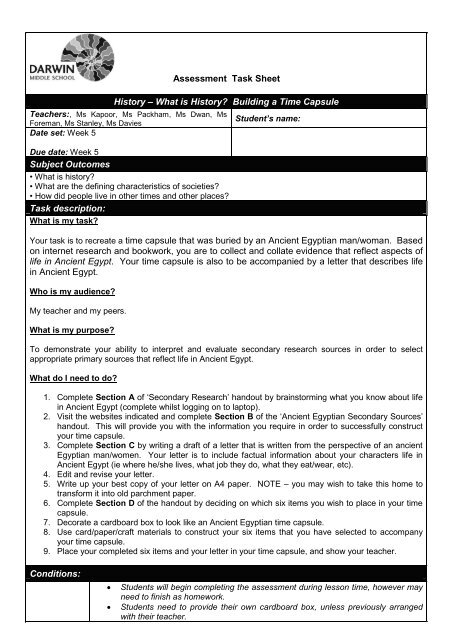 DARWIN MIDDLE SCHOOL Assessment Task Sheet