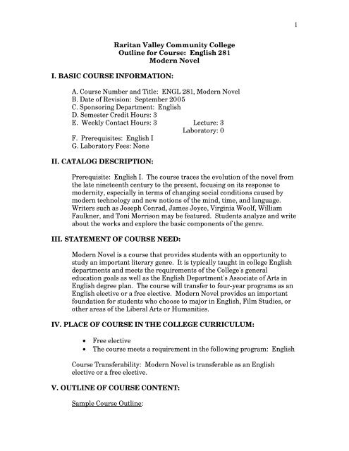 1 Raritan Valley Community College Outline for Course: English 281 ...