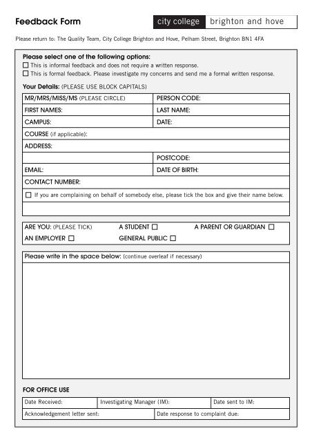 City College Quality Team Feedback Form