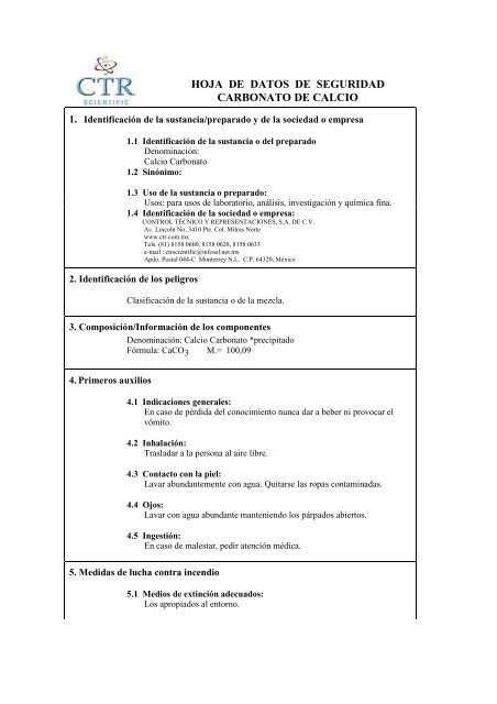 Carbonato de Calcio MSDS - CTR Scientific