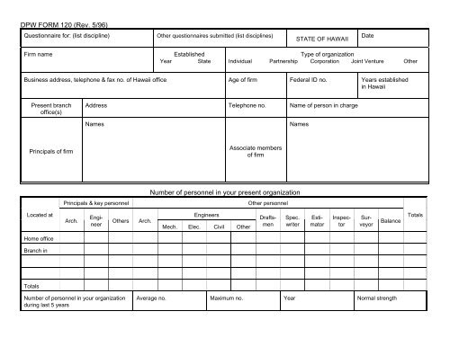 DPW FORM 120 (Rev. 5/96) STATE OF HAWAII QUESTIONNAIRE ...