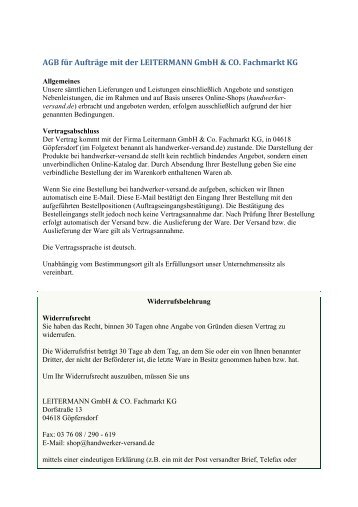 AGB fÃ¼r AuftrÃ¤ge mit der LEITERMANN GmbH & CO. Fachmarkt KG