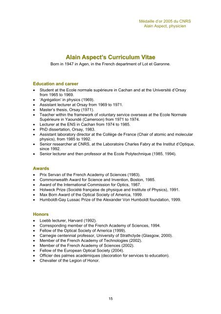 Alain Aspect's Curriculum Vitae - CNRS