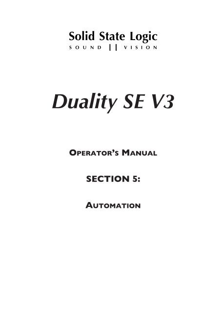 Duality SE Operator's Manual - Solid State Logic