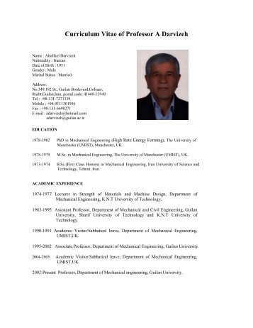 Curriculum Vitae of Professor A Darvizeh