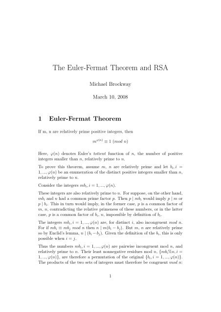 The Euler-Fermat Theorem and RSA