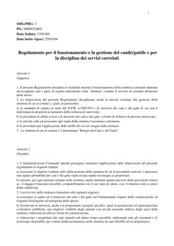 Regolamento per il funzionamento e la gestione del canile/gattile e ...