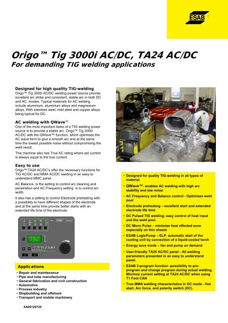 OrigoÃ¢Â„Â¢ Tig 3000i AC/DC, TA24 AC/DC - Arcweld Welding Supplies