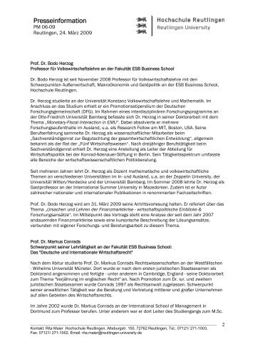 Presseinformation - Hochschule - Hochschule Reutlingen