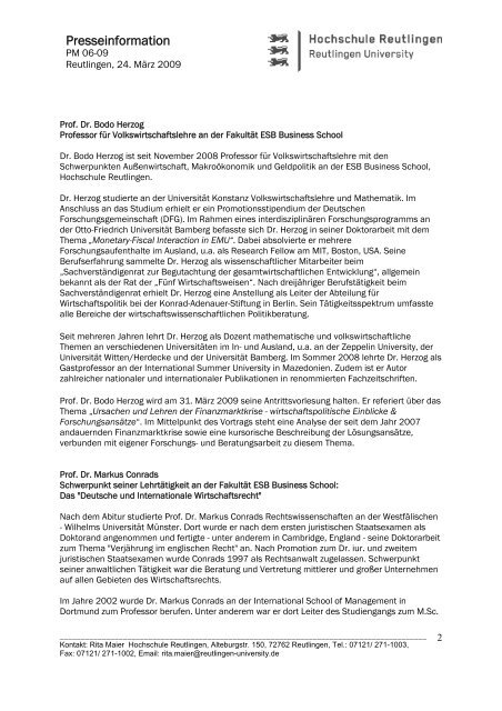 Presseinformation - Hochschule - Hochschule Reutlingen