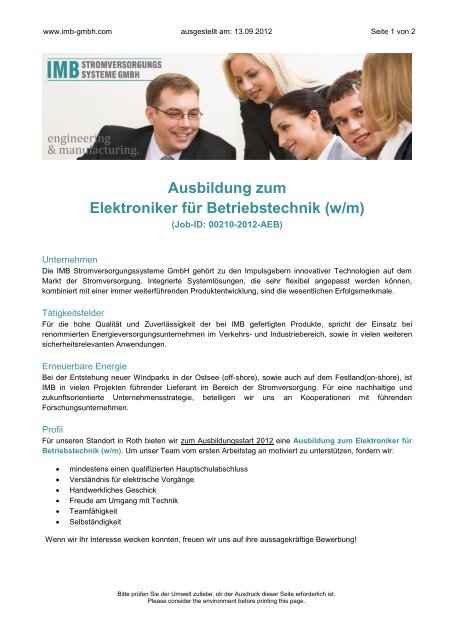 Ausbildung zum Elektroniker fÃ¼r Betriebstechnik w/m (pdf) - IMB GmbH